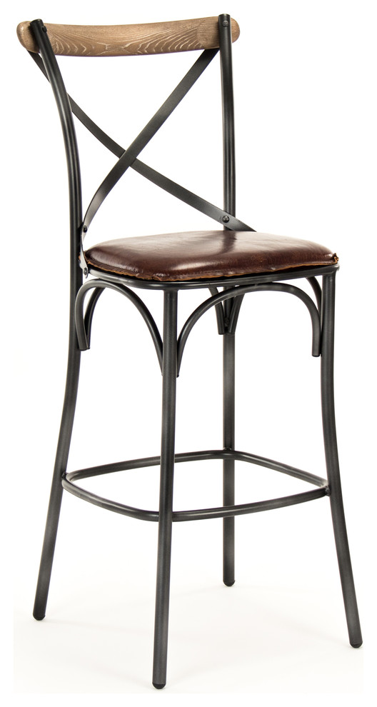 Zain Bar Stool, Black Frame, Antique Black, Brown Leather Industrial