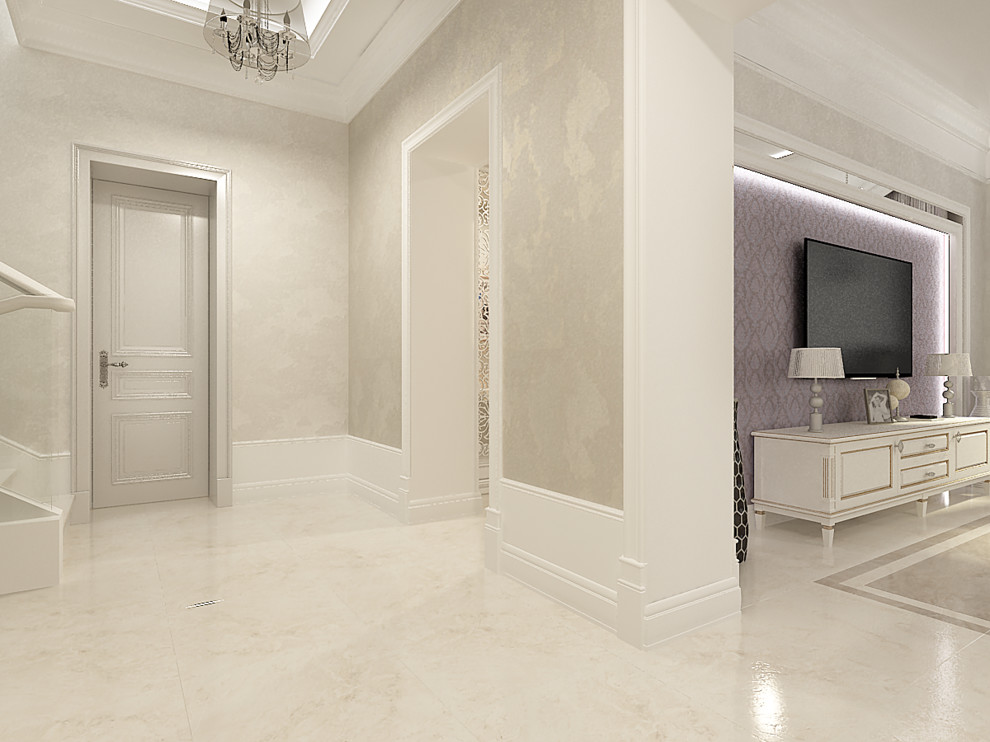 Кухня и гостиная в светлых тонах с сиреневыми акцентами