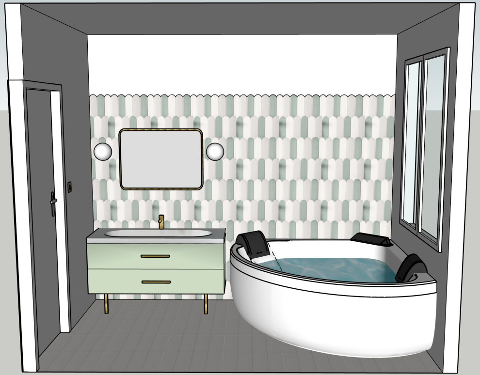 Источник вдохновения для домашнего уюта: маленькая главная ванная комната в современном стиле с зелеными фасадами, гидромассажной ванной, зеленой плиткой, керамической плиткой, белыми стенами, полом из керамической плитки, раковиной с несколькими смесителями, белым полом и тумбой под одну раковину для на участке и в саду