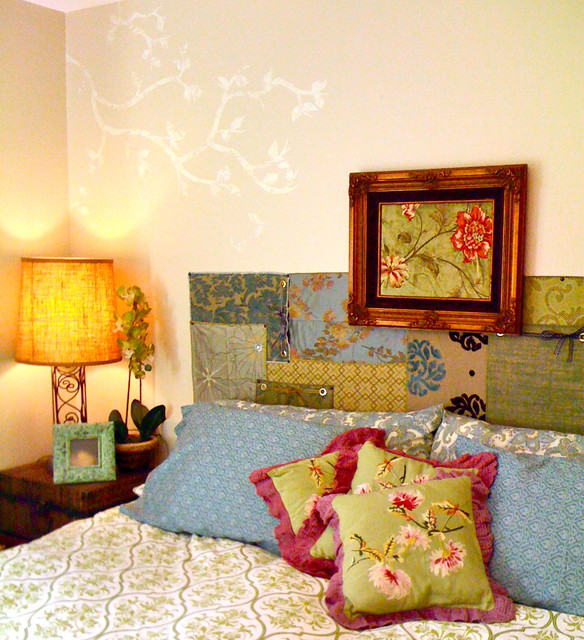 Making use of fabric samples eclectic-bedroom