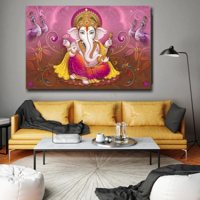 Ganesha With Peacocks Canvas Wall Art Living Room Toronto by