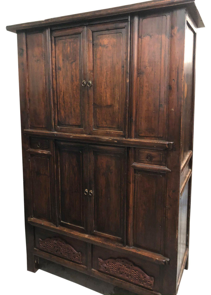 Consigned Rustic Armoire With Shelves, Old Artisan Crafted With