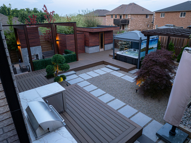 Backyard Pool, Waterfall, Deck, Hot Tub, Pergola, Outdoor Kitchen, Interlocking terrace