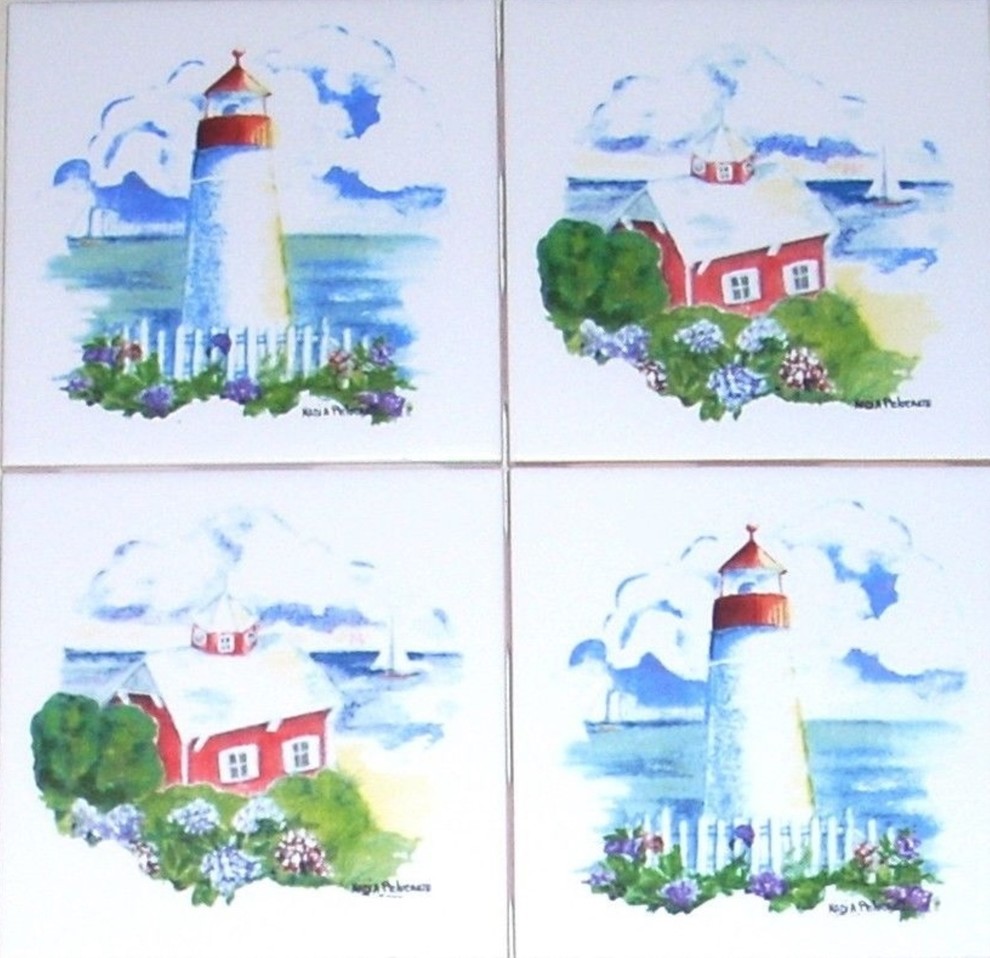 White Light House Kiln Fired Ceramic Accent Tiles Backsplash, 4-Piece Set