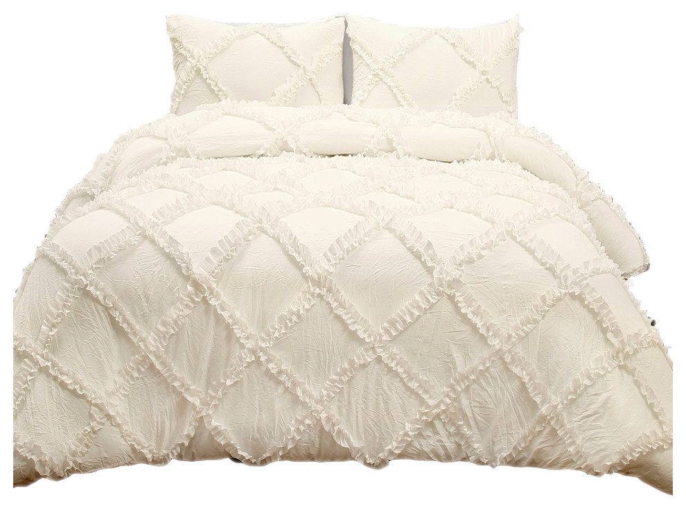 Ruffle Diamond Comforter Ivory 3Pc Set King Traditional Comforters