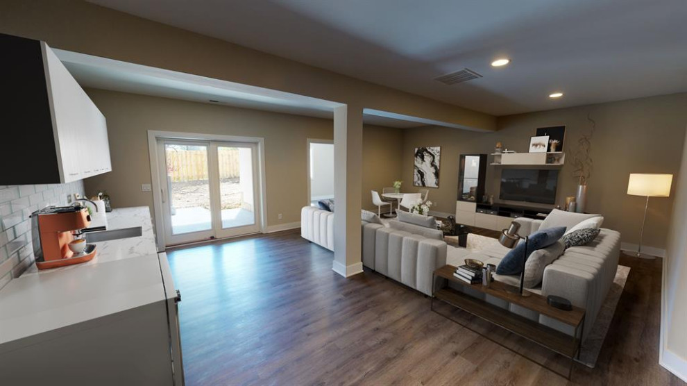 Design ideas for an expansive transitional walk-out basement in Cincinnati with a home bar, grey walls, dark hardwood floors and brown floor.