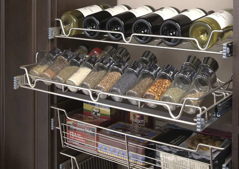 Example of a small single-wall medium tone wood floor kitchen pantry design with flat-panel cabinets, white cabinets and no island
