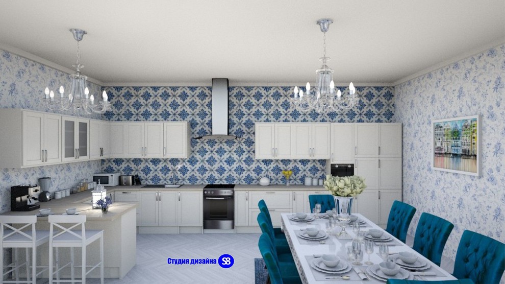 Кухня совмещенная с гостиной в классическом стиле для клиента из Франции