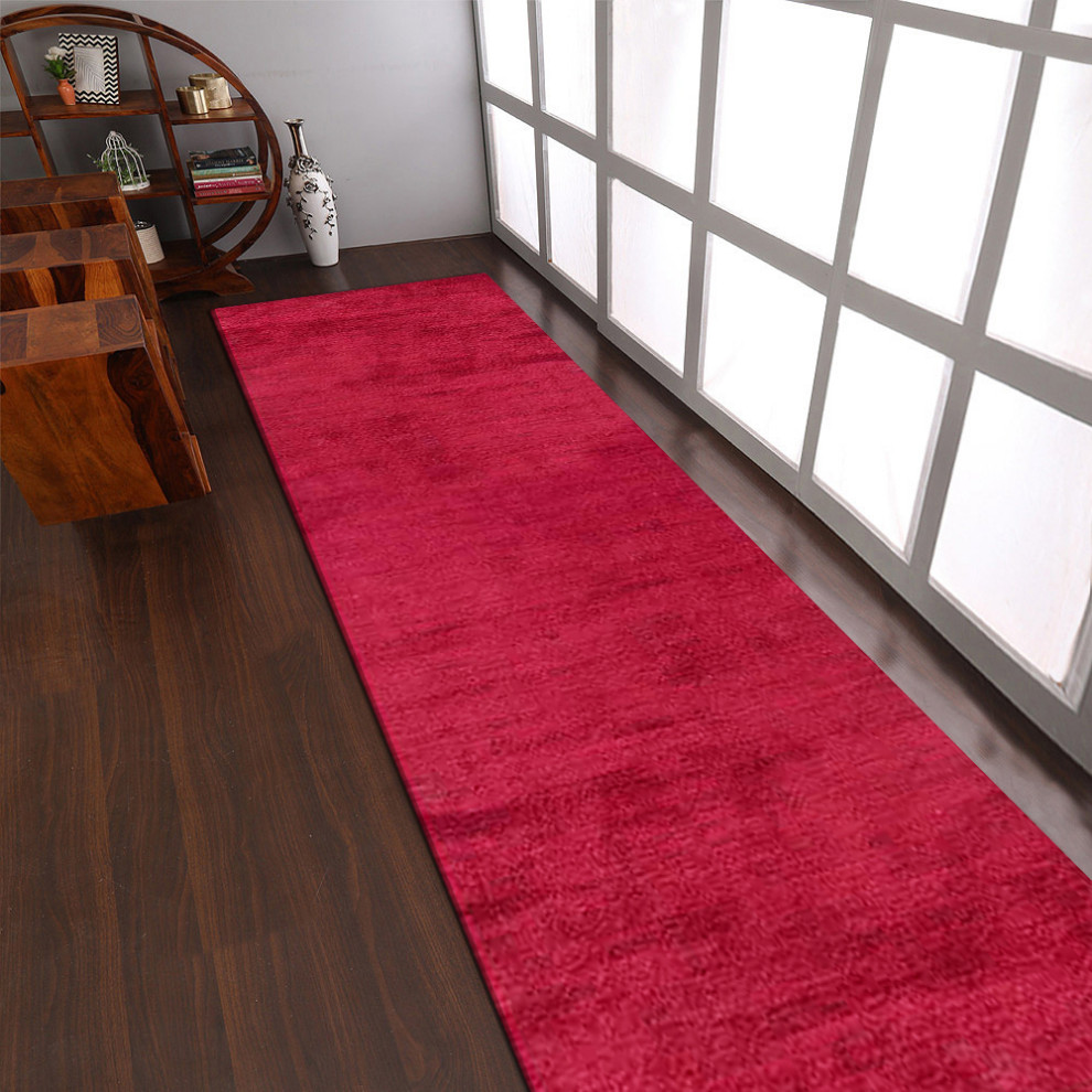 Hand Knotted Loom Silk Mix Area Rug Solid Dark Red