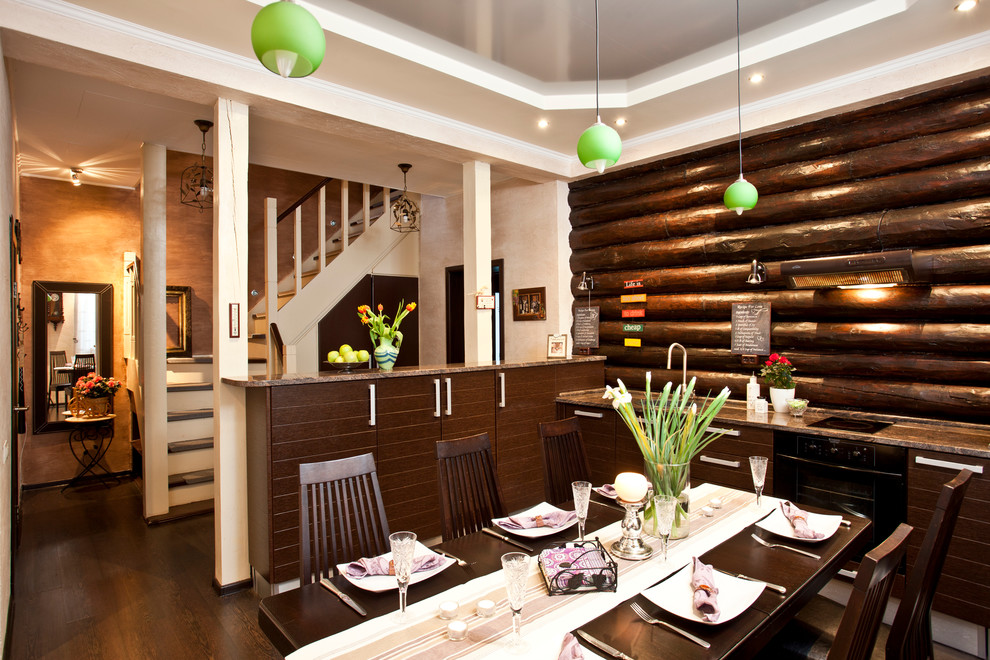 Contemporary dining room in Moscow with dark hardwood floors.