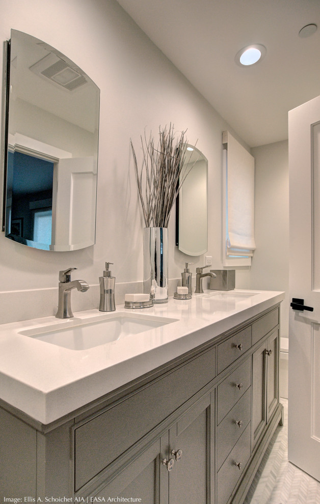 This is an example of a small classic bathroom in San Francisco with recessed-panel cabinets, grey cabinets, white walls, mosaic tile flooring, a submerged sink, engineered stone worktops, white floors, white worktops, double sinks and a built in vanity unit.