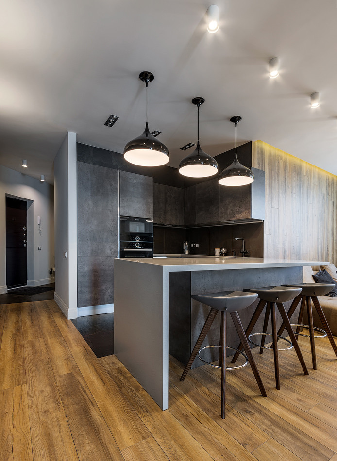 This is an example of a mid-sized contemporary u-shaped open plan kitchen in Other with flat-panel cabinets, grey cabinets, black appliances, a peninsula and brown floor.