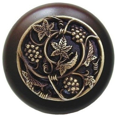 Grapevine Walnut Wood Knob, Antique-Style Brass
