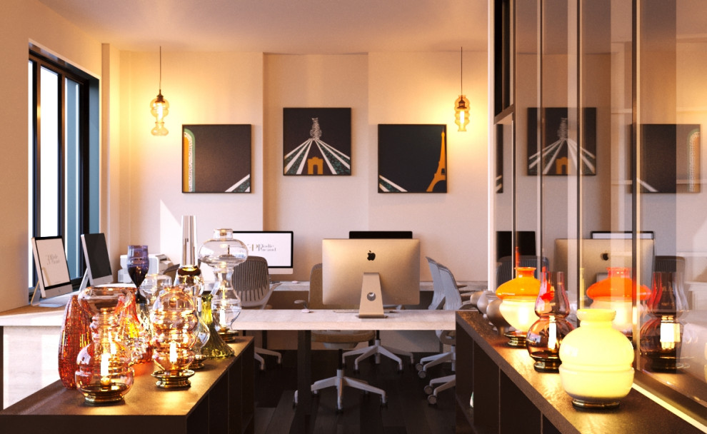 Inspiration för ett mellanstort funkis arbetsrum, med beige väggar, målat trägolv, ett fristående skrivbord och svart golv