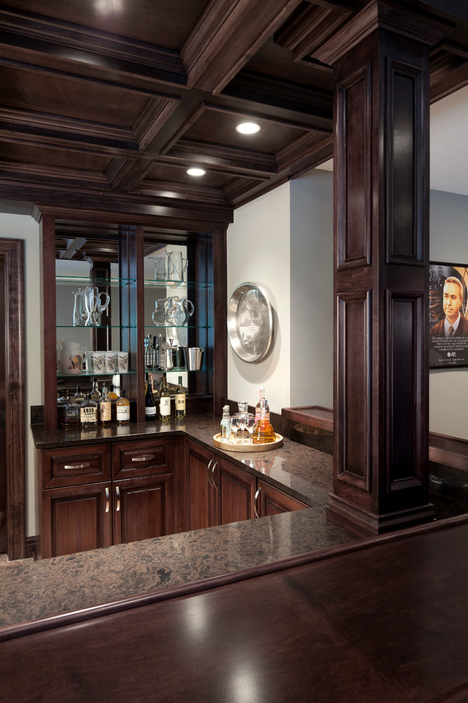 Photo of an u-shaped seated home bar in Minneapolis with an undermount sink, open cabinets, dark wood cabinets and quartz benchtops.