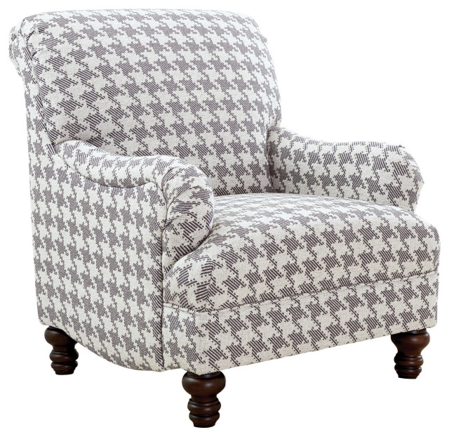 Modern Farmhouse Accent Chair with Gray Patterned Upholstery and Turned ...