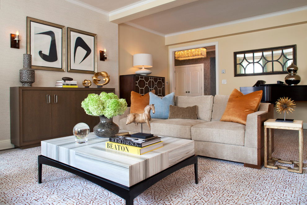 Transitional living room in New York with beige walls.