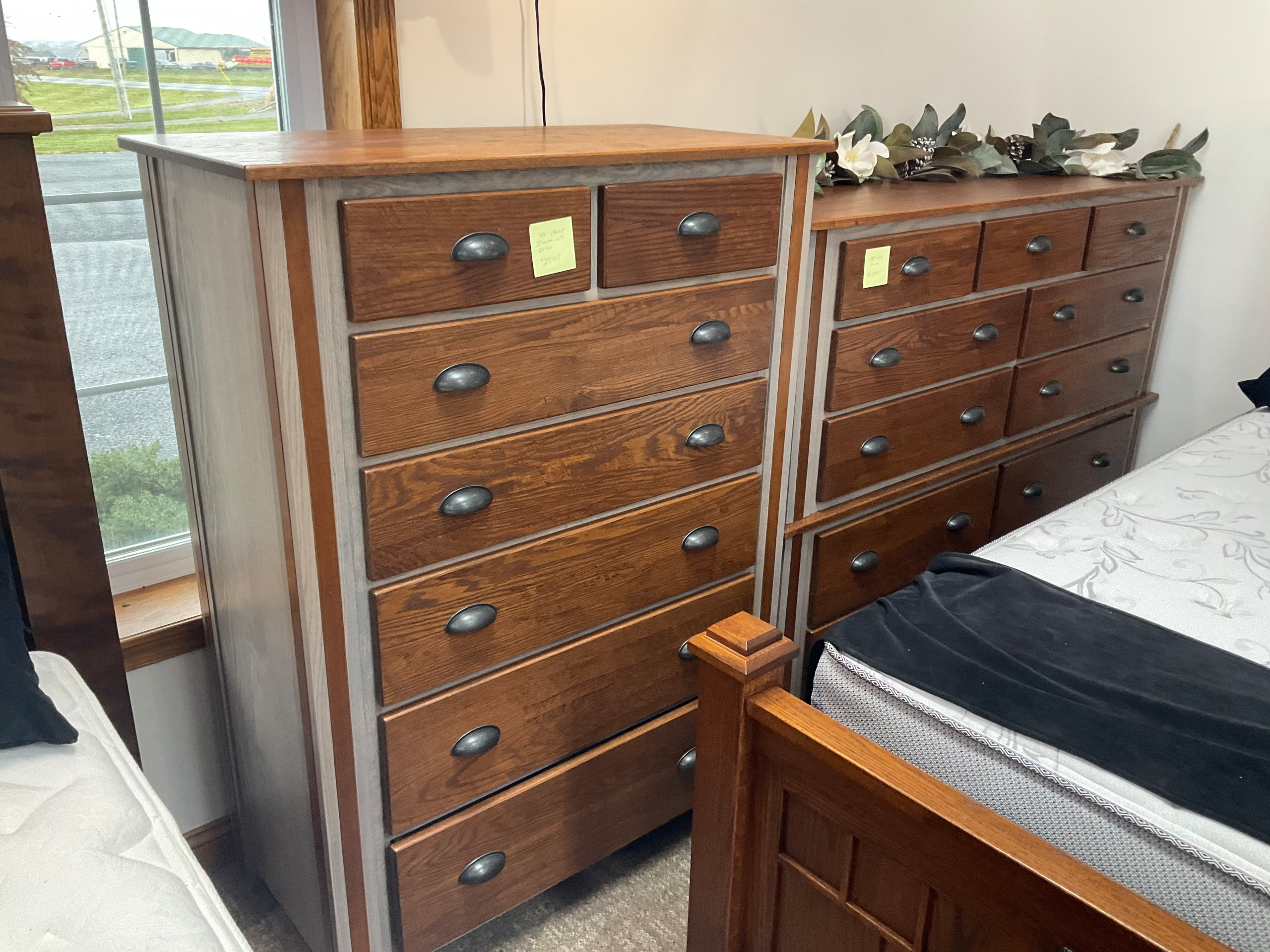 Cherry inlayed chest of drawers and split dresser