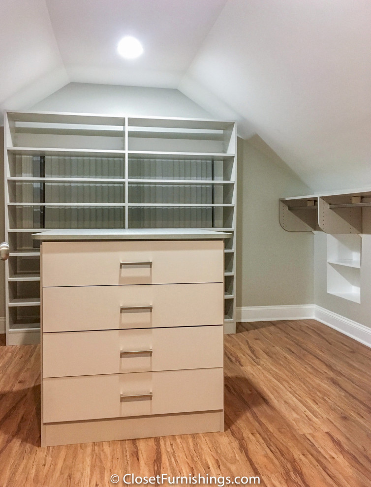 Mid-sized minimalist gender-neutral walk-in closet photo in Chicago with flat-panel cabinets and gray cabinets