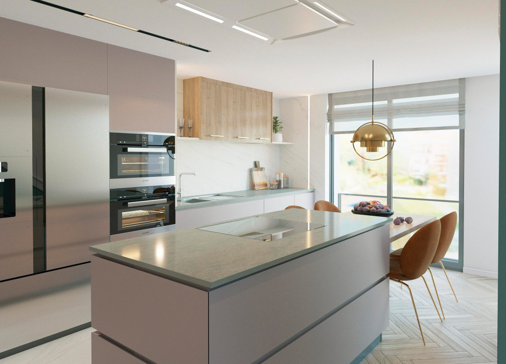 Photo of a contemporary single-wall separate kitchen in Other with a single-bowl sink, flat-panel cabinets, pink cabinets, quartz benchtops, white splashback, marble splashback, stainless steel appliances, medium hardwood floors, with island, white floor and grey benchtop.