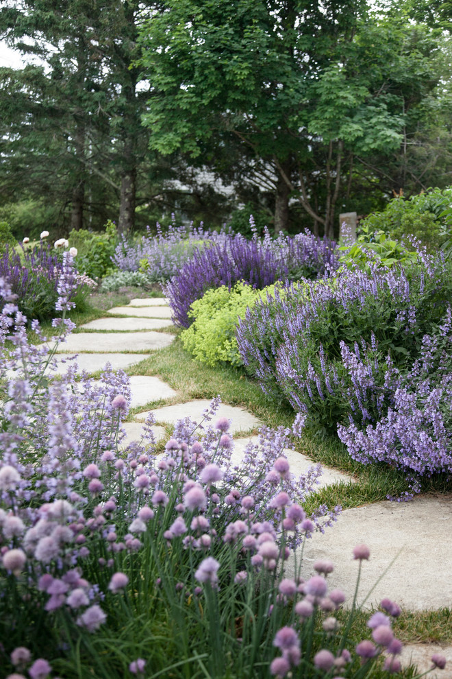 Design ideas for a country garden in Portland Maine with a garden path.