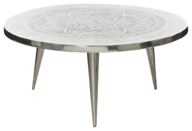 Round Silver Aluminum Coffee Table With Emblem Center 35 X16 Midcentury Tables By Brimfield May Houzz Round Silver Aluminum Coffee Table With, Round Silver Table