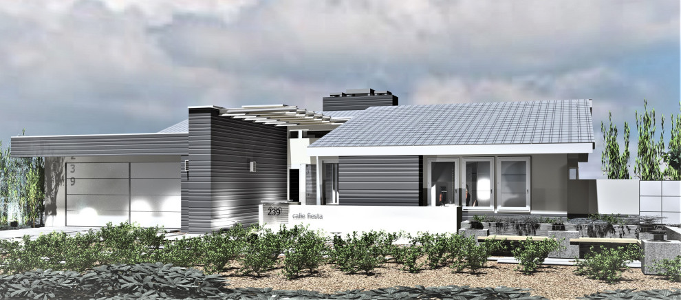 Immagine della facciata di una casa grigia contemporanea a un piano di medie dimensioni con rivestimenti misti, copertura in metallo o lamiera, tetto grigio e pannelli e listelle di legno