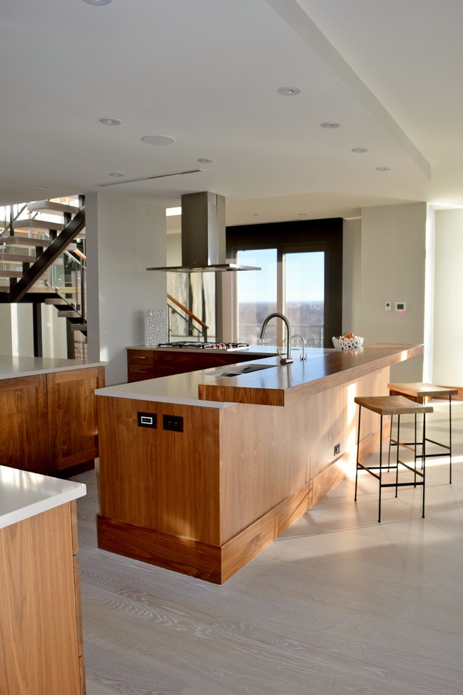 This is an example of a contemporary u-shaped kitchen in Denver with an undermount sink, recessed-panel cabinets, medium wood cabinets, stainless steel appliances and with island.