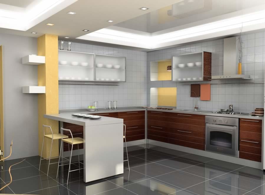 Example of a mid-sized transitional u-shaped gray floor eat-in kitchen design in Phoenix with a double-bowl sink, glass-front cabinets, medium tone wood cabinets, gray backsplash, stainless steel appliances and a peninsula