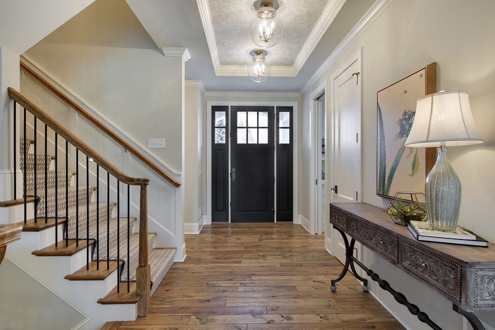 This is an example of a large traditional foyer in Minneapolis with white walls, dark hardwood floors, a single front door and a black front door.