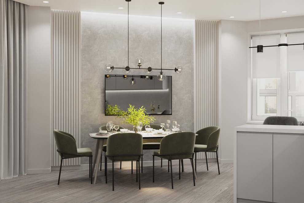 Столовая в серых тонах с оливковыми стульями