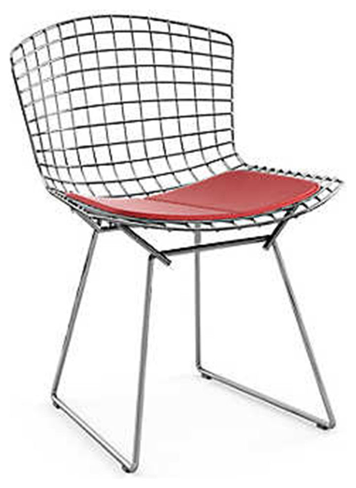 Steel Wire Mesh Dining Chair with Red Polyurethane Seat, Pack of Four, Silver Contemporary