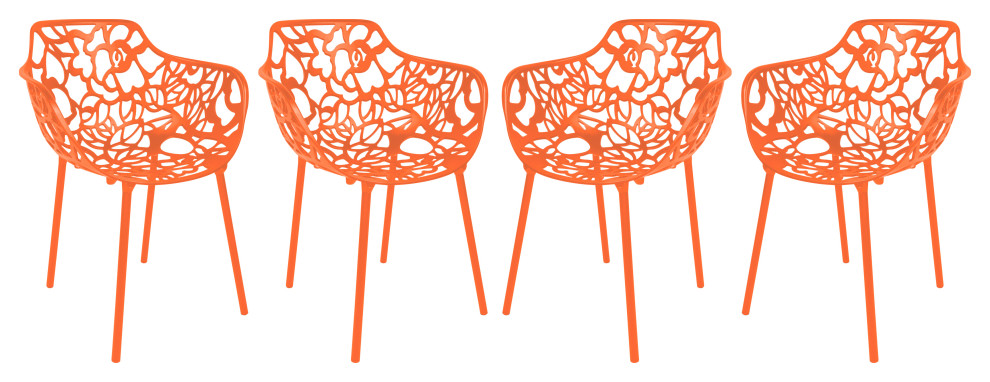 LeisureMod Modern Devon Aluminum Chairs, With Arms, Set of 4, Orange