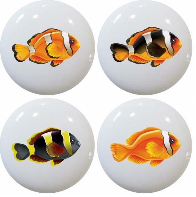 Set Of 4 Clown Fish Ceramic Cabinet Drawer Knobs Beach Style