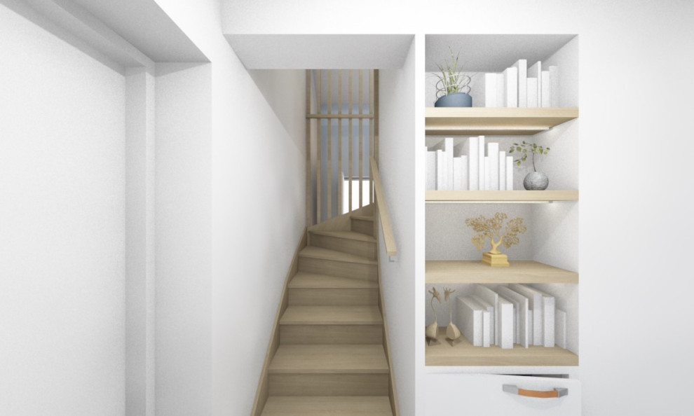 Réalisation d'un petit escalier minimaliste en U avec des marches en bois, des contremarches en bois, un garde-corps en bois et rangements.