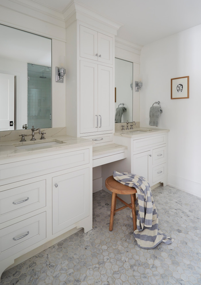 Photo of a large rural ensuite bathroom in Chicago with recessed-panel cabinets, white cabinets, an alcove shower, a two-piece toilet, white tiles, ceramic tiles, white walls, marble flooring, a submerged sink, engineered stone worktops, grey floors, a hinged door, white worktops, double sinks and a built in vanity unit.