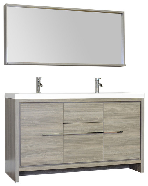 The Modern 57 in. Double Modern Bathroom Vanity Set in Gray with Mirror
