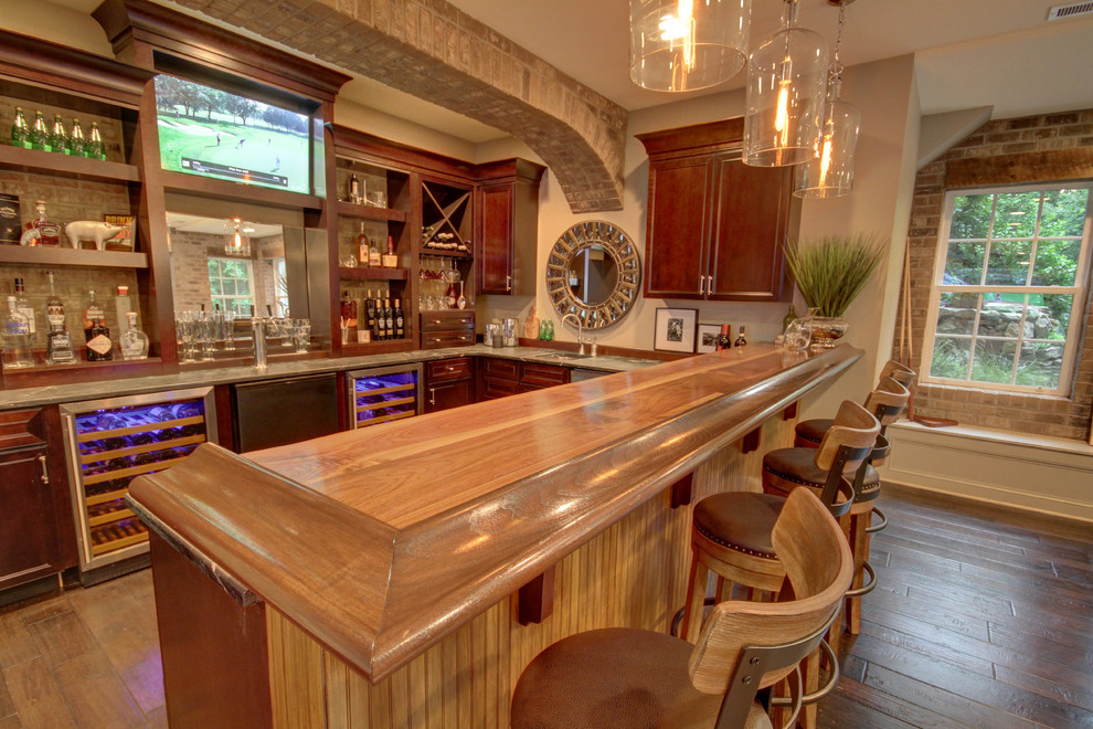 Basement - large transitional look-out ceramic tile basement idea in Richmond with beige walls
