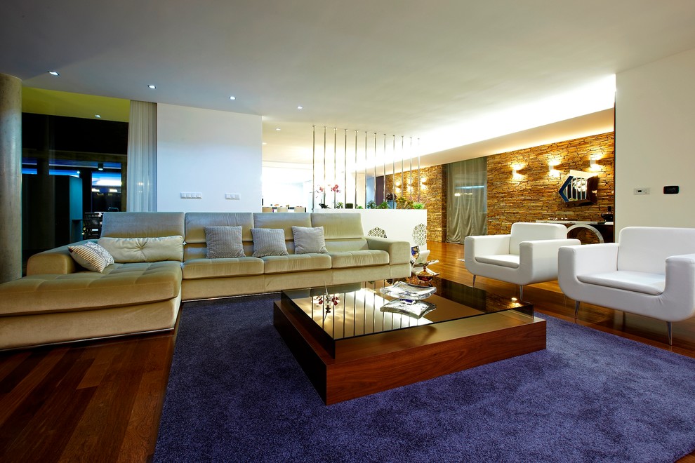Inspiration for a contemporary living room in Other with white walls.