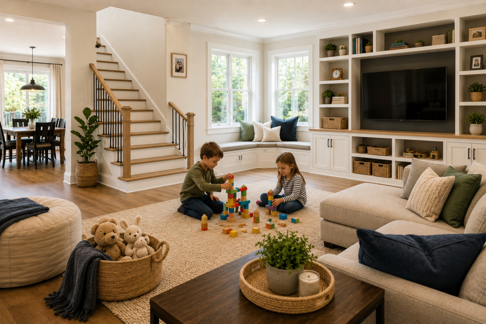 Modern bright family living room interior with an open-concept layout, realistic home renovation style, large windows with natural daylight, elegant wooden staircase with clean modern railings, cozy b