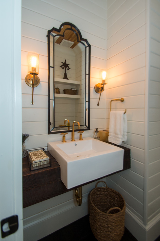 Inspiration for a small country 3/4 bathroom in Atlanta with white walls, a drop-in sink and soapstone benchtops.