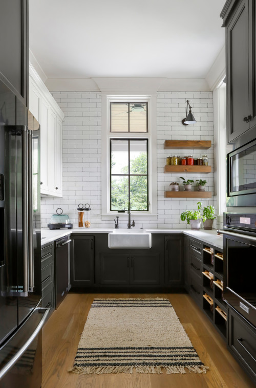 Farmhouse style U-Shaped Kitchen Cabinets in black with white subway tile backsplash and farmhouse sink