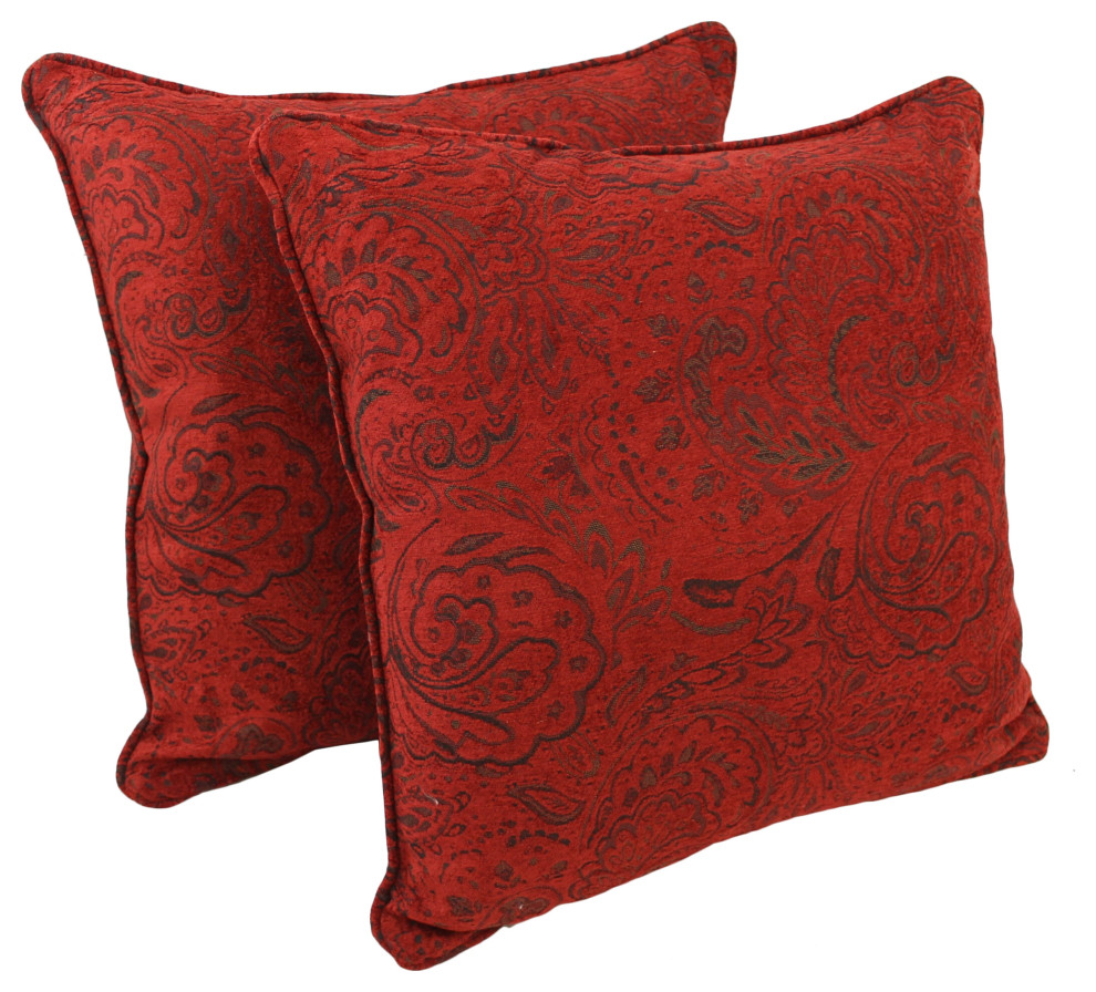 25" Corded Jacquard Chenille Square Floor Pillows Set of 2 Scrolled Floral Red