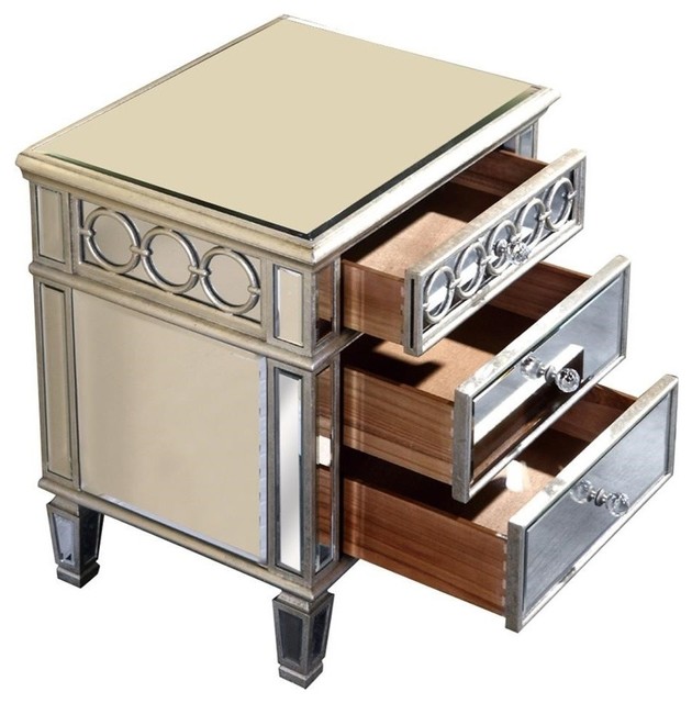 Elegant Audrey 3 Drawer Lamp Table Silver Mirror