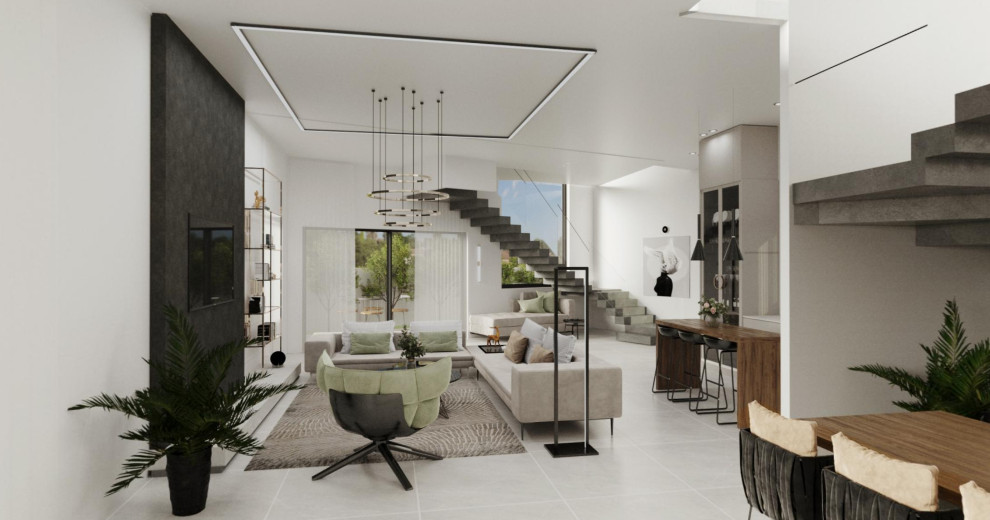 Immagine di un soggiorno moderno di medie dimensioni e aperto con pareti bianche, pavimento con piastrelle in ceramica, TV a parete e pavimento grigio