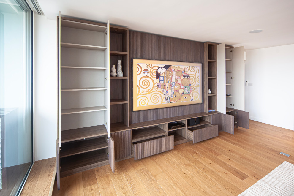 Bespoke Sleek Brown Media Unit with ribbed wood slat panels