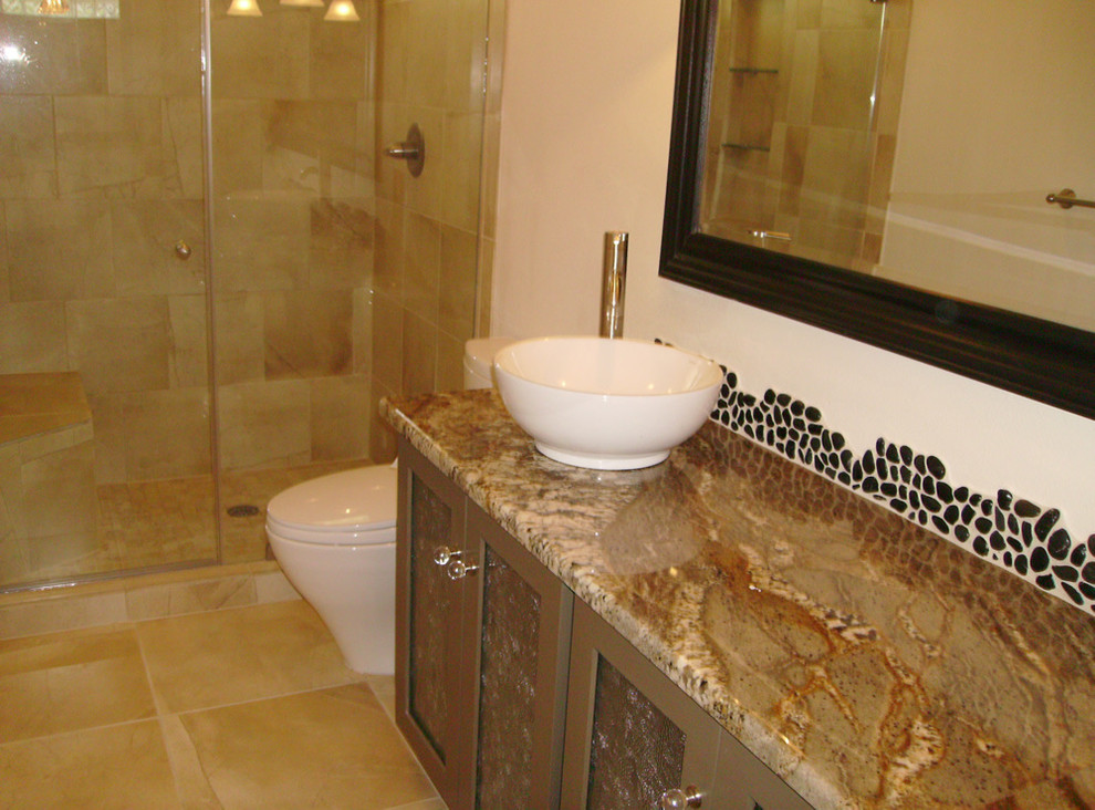 Photo of a mid-sized contemporary master bathroom in Austin with a vessel sink, glass-front cabinets, brown cabinets, granite benchtops, an undermount tub, an open shower, white tile, porcelain tile, beige walls and porcelain floors.