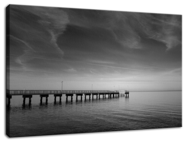 End of the Pier Coastal Black & White Photo Canvas Wall Art Print, 24" X 36"