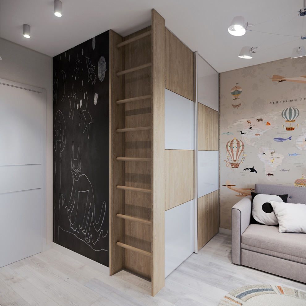 Стильный дизайн: детская среднего размера в современном стиле с спальным местом, серыми стенами, полом из винила и серым полом для ребенка от 4 до 10 лет, мальчика - последний тренд