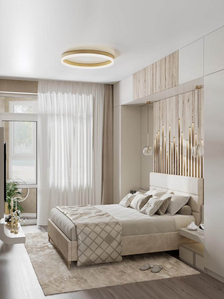 Foto de dormitorio principal escandinavo pequeño con paredes beige